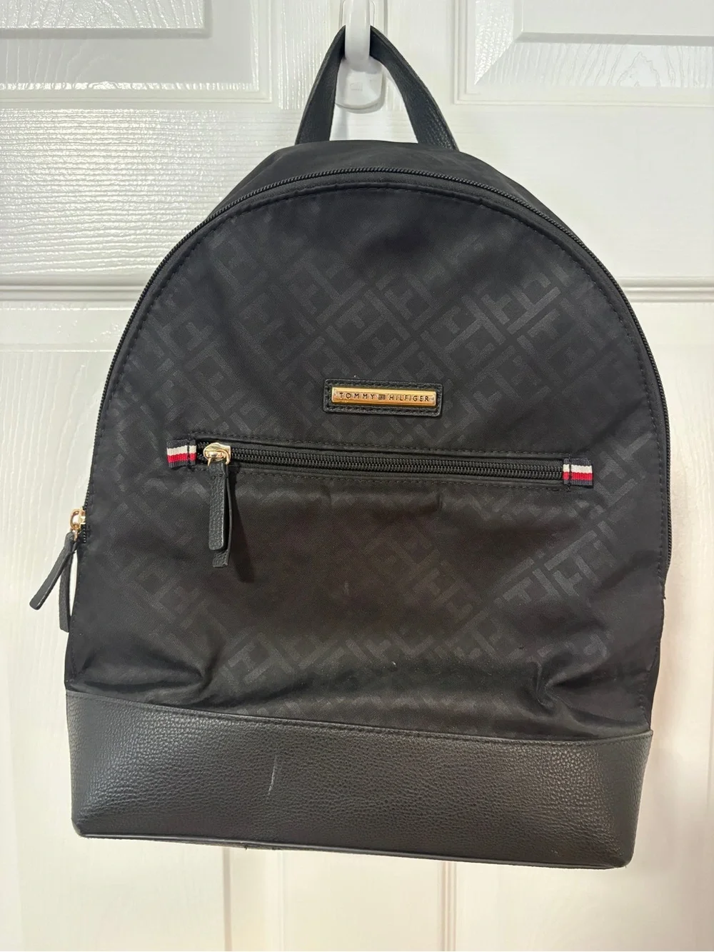 Tommy Hilfiger Black Nylon Logo Backpack with Gold Hardware